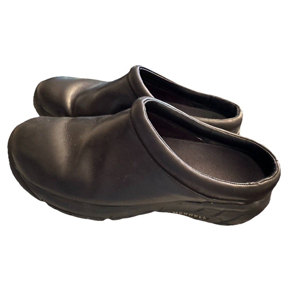 Merrell Black Leather Slip-On Clogs Women’s 8 Comfort Mules E-Grip Sole
